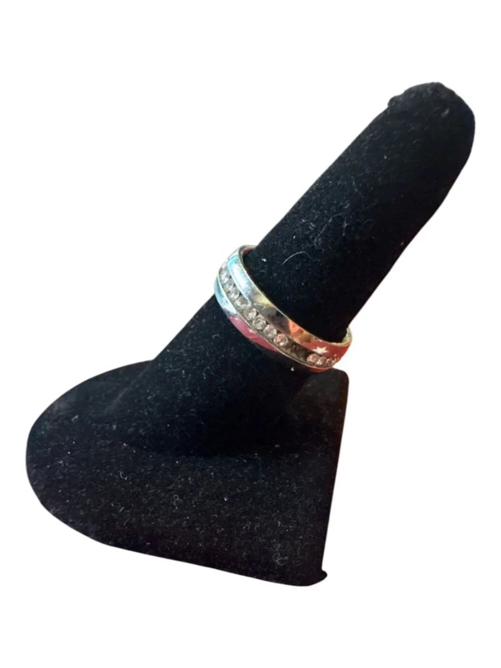 Silver-Tone Band Ring With Clear Rhinestones & Textured Red Accents